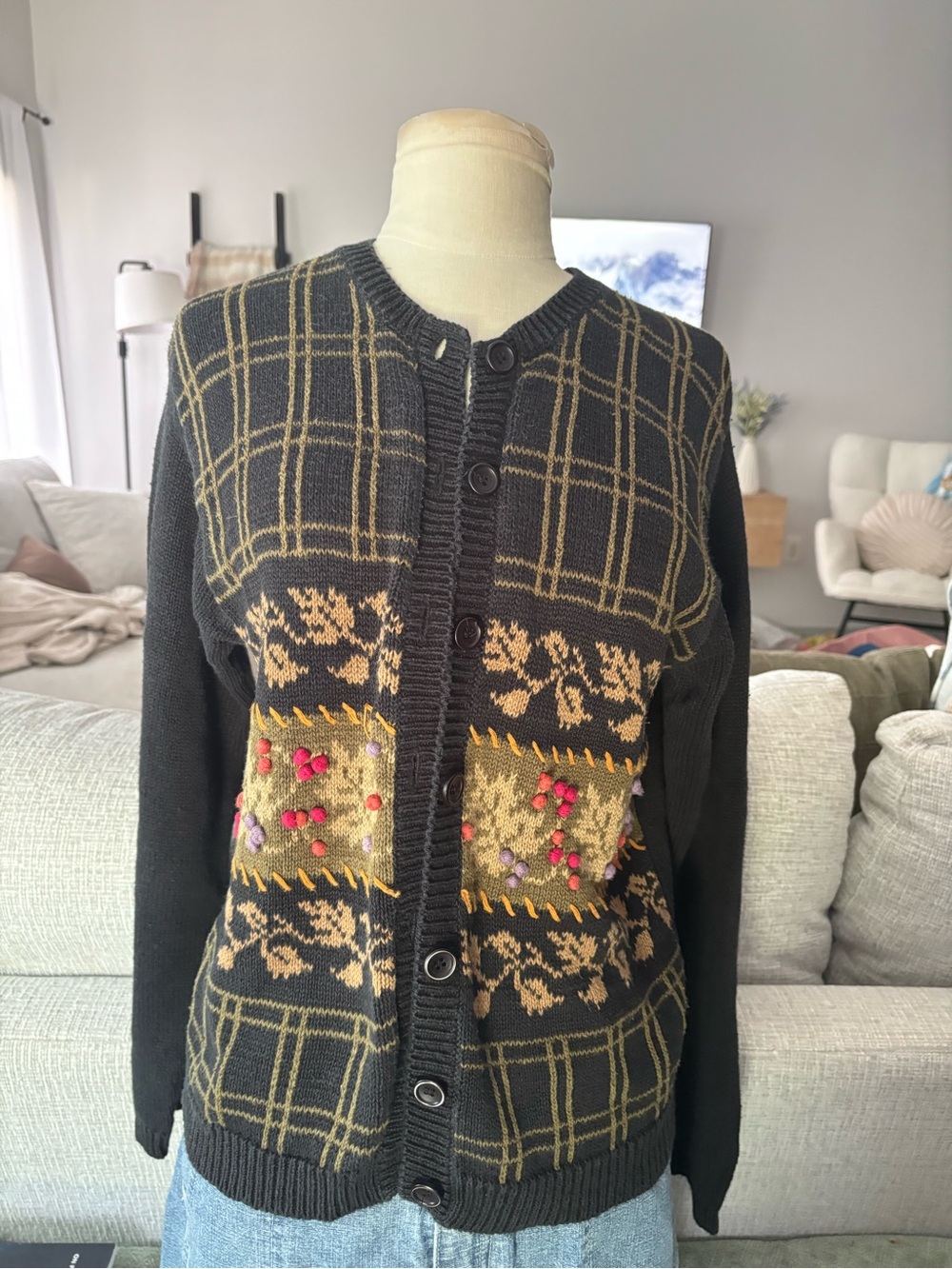 Black Embroidered Plaid Button-Up Cardigan